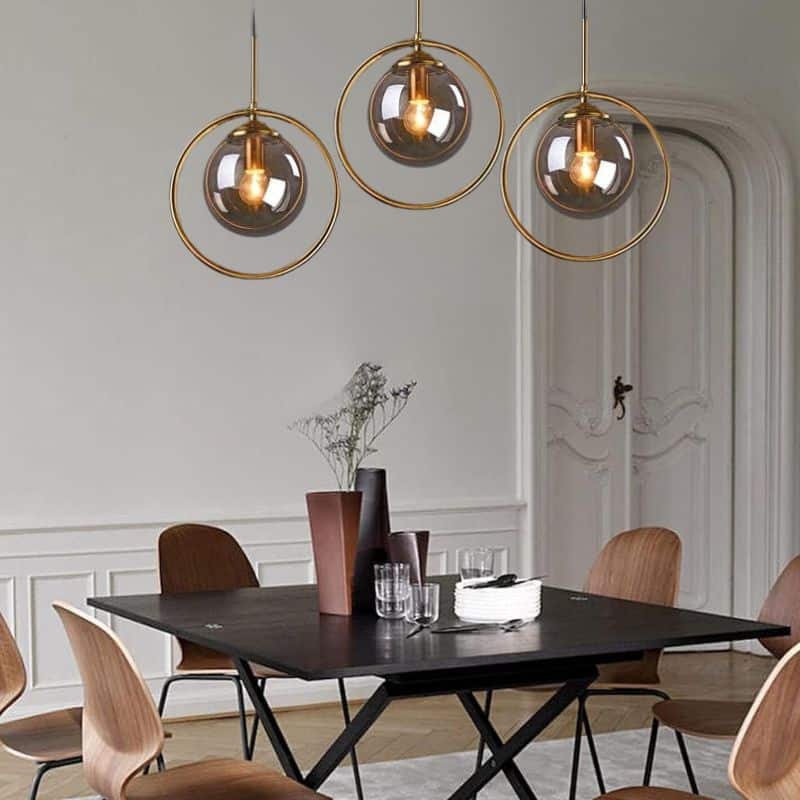 Suspension circulaire nordique en métal doré et verre fumé